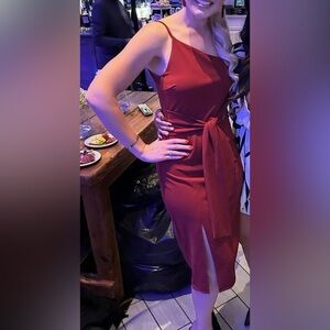 Maroon One Shoulder Tie Waist Dress